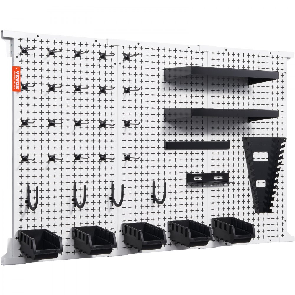 VEVOR Pegboard Wall Organizer 48" x 32", 495LBS Loading Garage Metal Pegboard Organizer Wall Mount, 37PCS Tool Storage Kit with 3 Peg Boards, Hooks, Storage Bins, Shelf Racks for Warehouse Garage Shop