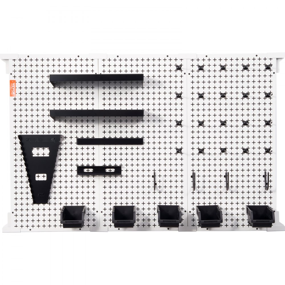 VEVOR Pegboard Wall Organizer 48" x 32", 495LBS Loading Garage Metal Pegboard Organizer Wall Mount, 37PCS Tool Storage Kit with 3 Peg Boards, Hooks, Storage Bins, Shelf Racks for Warehouse Garage Shop