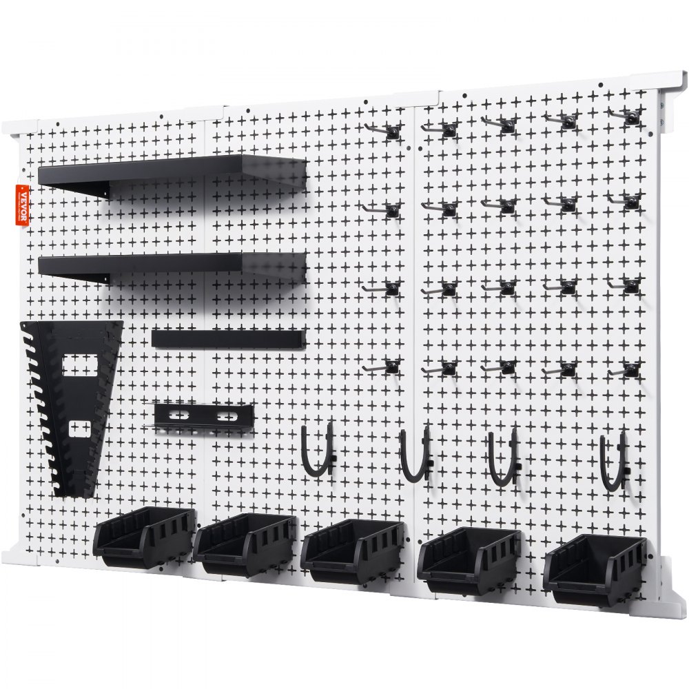 VEVOR Pegboard Wall Organizer 48" x 32", 495LBS Loading Garage Metal Pegboard Organizer Wall Mount, 37PCS Tool Storage Kit with 3 Peg Boards, Hooks, Storage Bins, Shelf Racks for Warehouse Garage Shop
