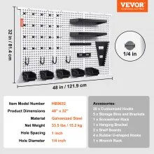 VEVOR Pegboard Wall Organizer 48" x 32", 495LBS Loading Garage Metal Pegboard Organizer Wall Mount, 37PCS Tool Storage Kit with 3 Peg Boards, Hooks, Storage Bins, Shelf Racks for Warehouse Garage Shop