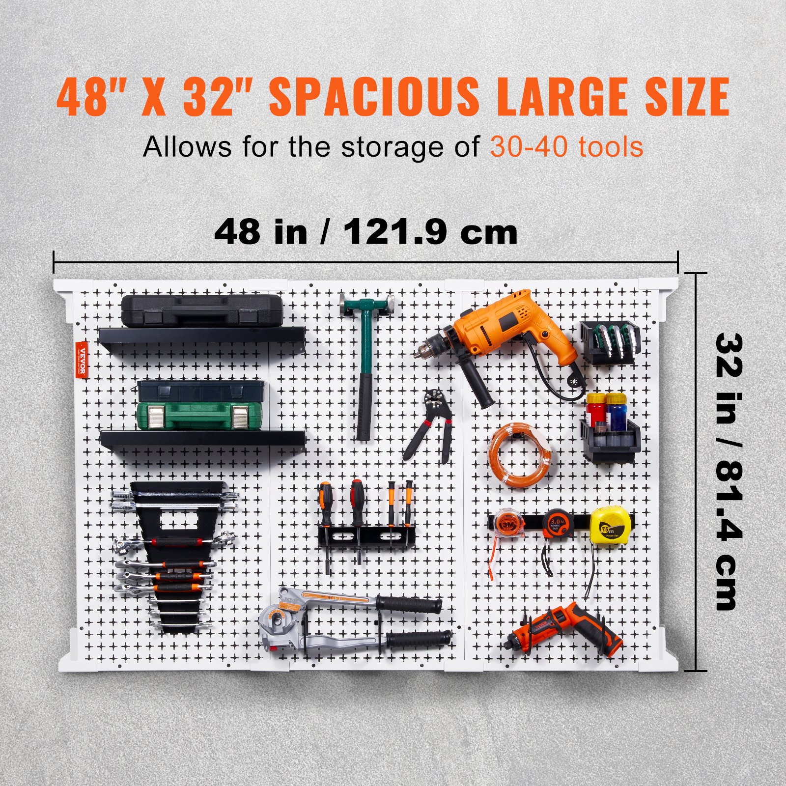 VEVOR Pegboard Wall Organizer 48" x 32", 495LBS Loading Garage Metal Pegboard Organizer Wall Mount, 37PCS Tool Storage Kit with 3 Peg Boards, Hooks, Storage Bins, Shelf Racks for Warehouse Garage Shop