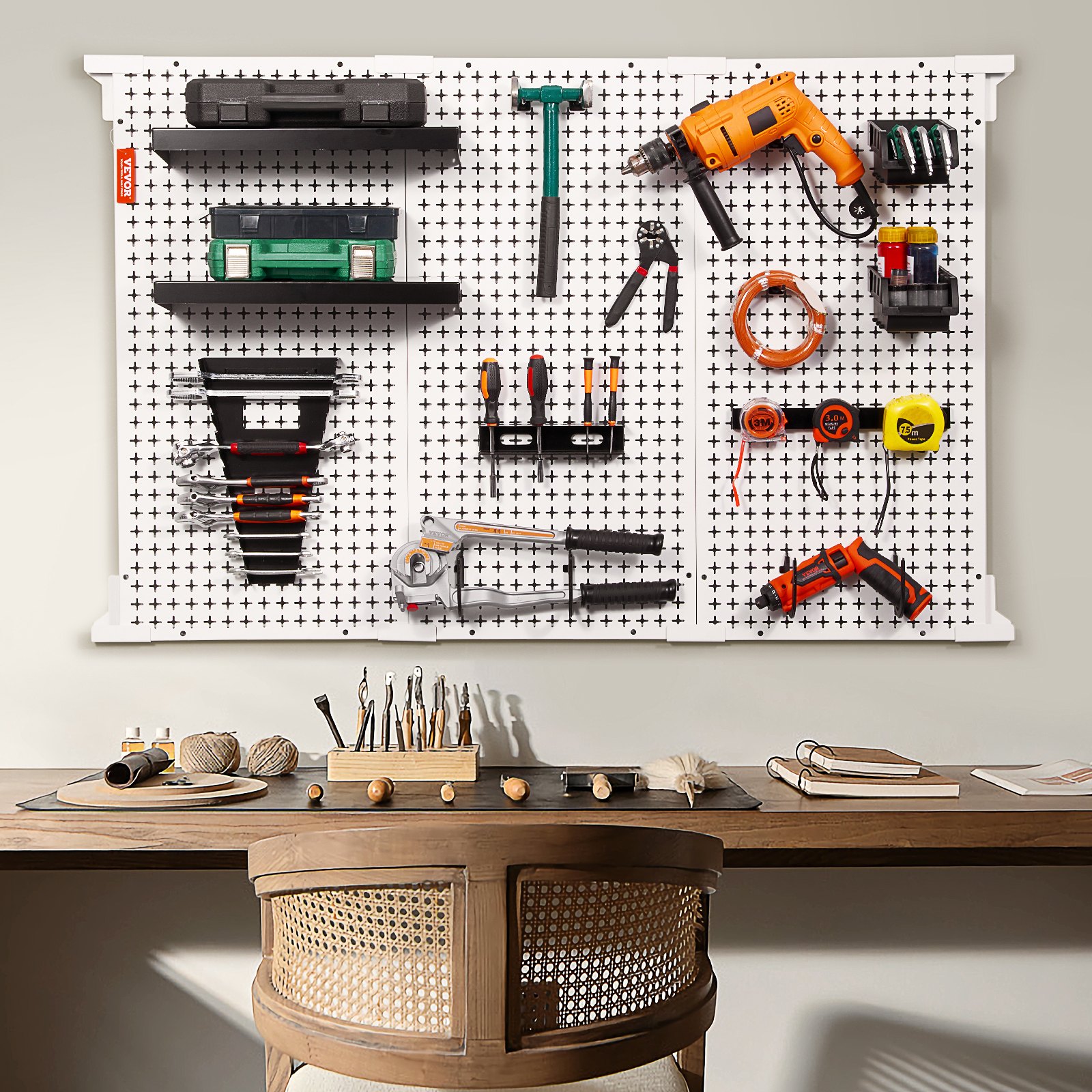 VEVOR Pegboard Wall Organizer 48" x 32", 495LBS Loading Garage Metal Pegboard Organizer Wall Mount, 37PCS Tool Storage Kit with 3 Peg Boards, Hooks, Storage Bins, Shelf Racks for Warehouse Garage Shop