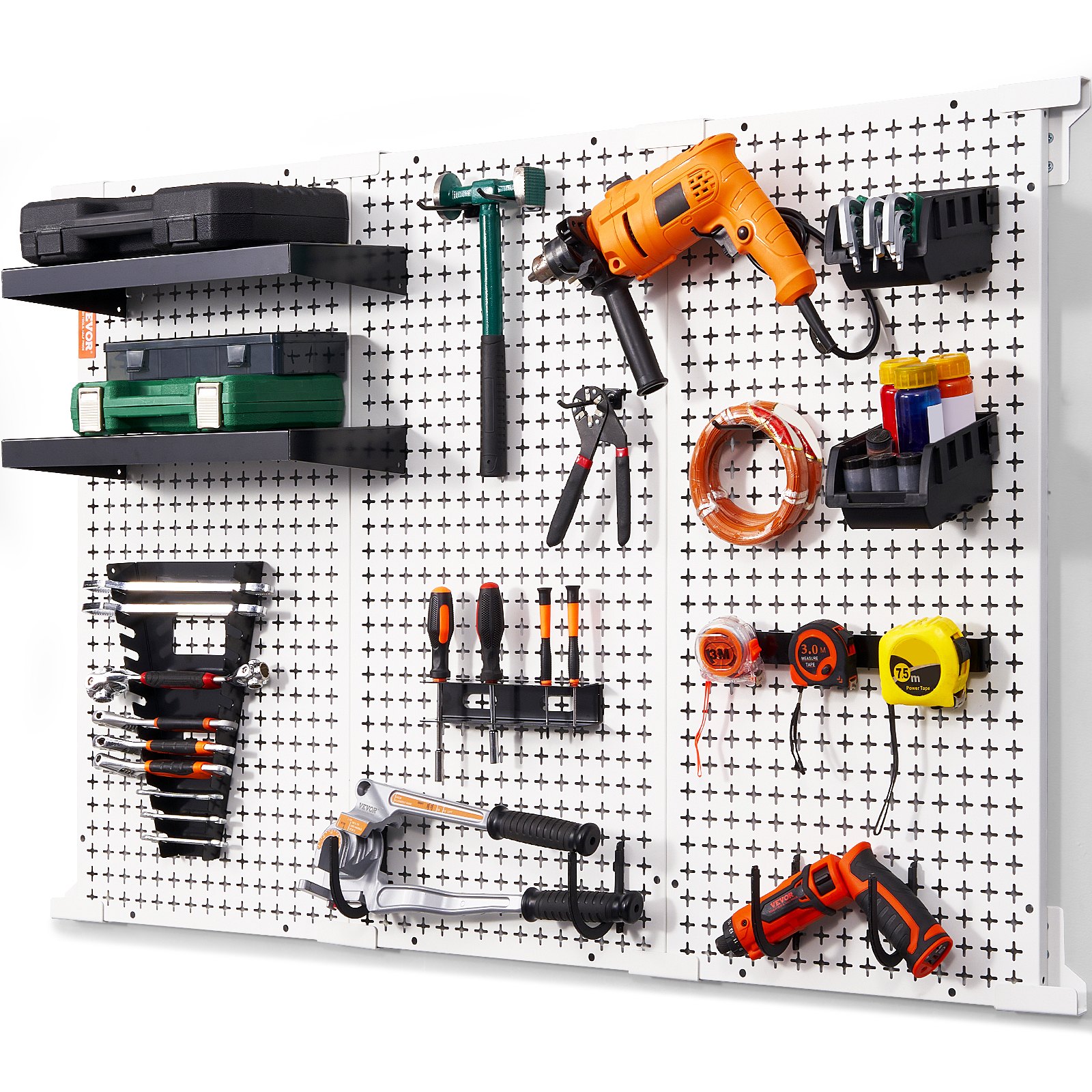 VEVOR Pegboard Wall Organizer 48" x 32", 495LBS Loading Garage Metal Pegboard Organizer Wall Mount, 37PCS Tool Storage Kit with 3 Peg Boards, Hooks, Storage Bins, Shelf Racks for Warehouse Garage Shop