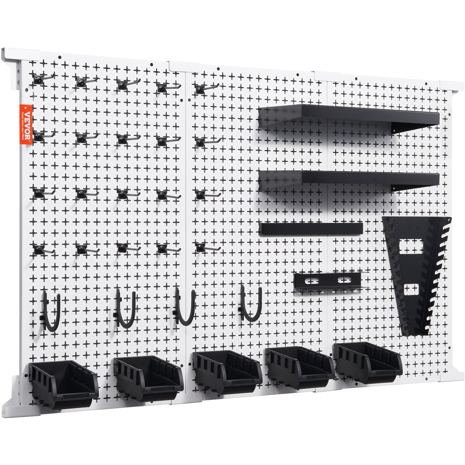 VEVOR Pegboard Wall Organizer 48" x 32", 495LBS Loading Garage Metal Pegboard Organizer Wall Mount, 37PCS Tool Storage Kit with 3 Peg Boards, Hooks, Storage Bins, Shelf Racks for Warehouse Garage Shop