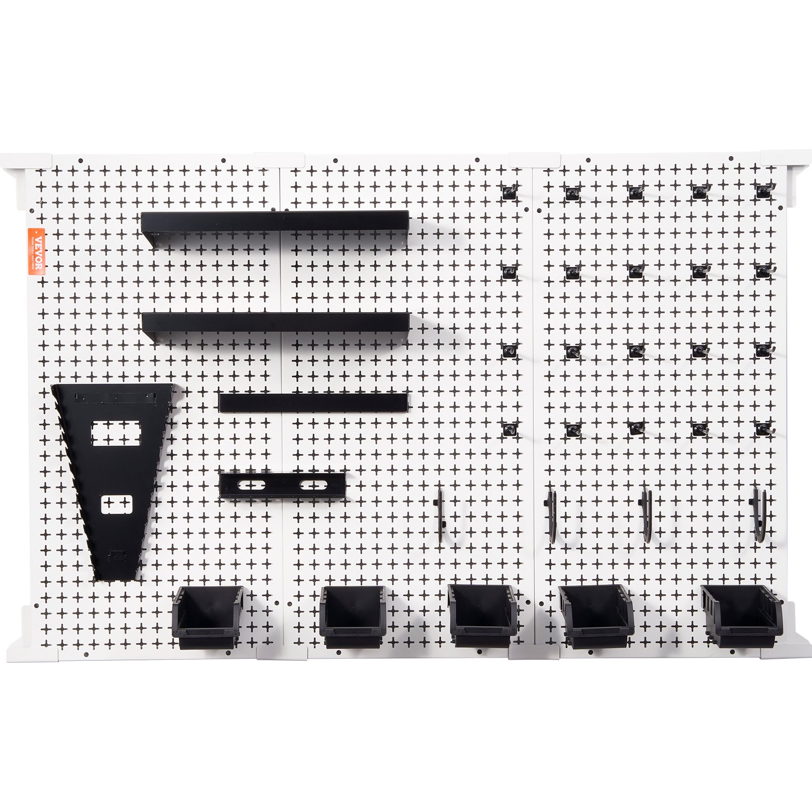 VEVOR Pegboard Wall Organizer 48" x 32", 495LBS Loading Garage Metal Pegboard Organizer Wall Mount, 37PCS Tool Storage Kit with 3 Peg Boards, Hooks, Storage Bins, Shelf Racks for Warehouse Garage Shop