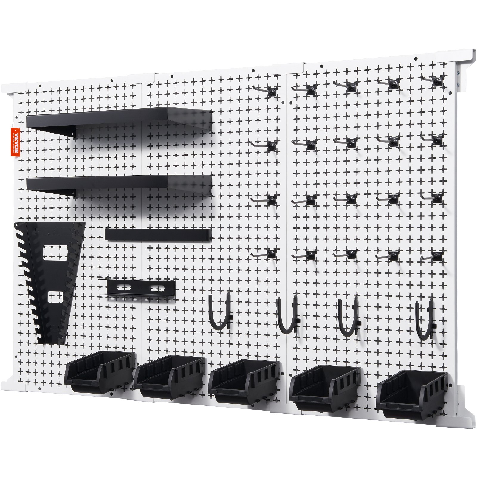 VEVOR Pegboard Wall Organizer 48" x 32", 495LBS Loading Garage Metal Pegboard Organizer Wall Mount, 37PCS Tool Storage Kit with 3 Peg Boards, Hooks, Storage Bins, Shelf Racks for Warehouse Garage Shop
