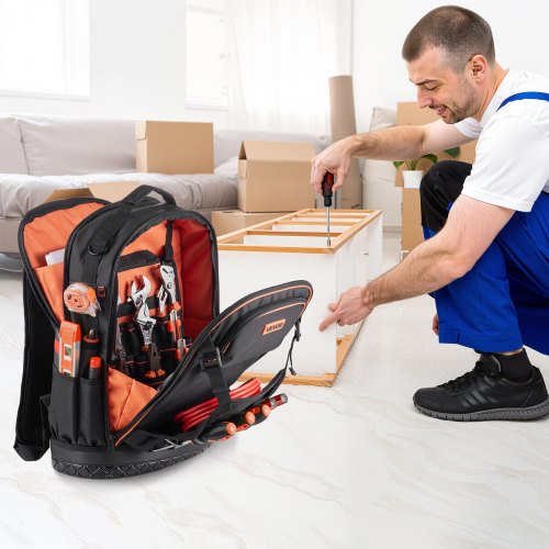 backpack with laptop and tool FUZVOL Heavy Duty Backpack, 18-Inch Hard Shell Electrician Tool Bag, Full-Open Work Bag Molded Base, Removable Tool Organizer, Compartment, HVAC Construction for Men, Orange Ideal for electricians Klein Tools Tradesman Pro XL