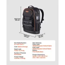 VEVOR Tool Backpack 65 Pockets Tear-resistant Jobsite Backpack for Electrician