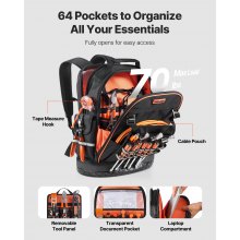 VEVOR Tool Backpack 64 Pockets Tear-resistant Jobsite Backpack for Electrician