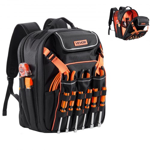 best backpack for tools and laptop FUZVOL Heavy Duty Tool Backpack, 18-Inch Hard Shell Electrician Tool Bag, Full-Open Work Bag with Molded Base, Removable Tool Organizer, Compartment, HVAC Construction Men, Orange 45 Pockets for Organization 62805BPTECH 28-Pocket Laptop Backpack Tool