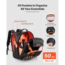 VEVOR Tool Backpack 45 Pockets Tear-resistant Jobsite Backpack for Electrician