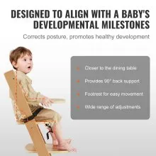 Trona de madera VEVOR para bebés y niños pequeños, silla de alimentación ajustable y convertible, trona Eat & Grow con bandeja, asiento elevador portátil para comer para bebés Grow with Kid, silla de madera de haya para niños pequeños, color natural