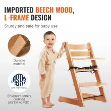 Trona de madera VEVOR para bebés y niños pequeños, silla de alimentación ajustable y convertible, trona Eat & Grow con bandeja, asiento elevador portátil para comer para bebés Grow with Kid, silla de madera de haya para niños pequeños, color natural
