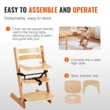 Trona de madera VEVOR para bebés y niños pequeños, silla de alimentación ajustable y convertible, trona Eat & Grow con bandeja, asiento elevador portátil para comer para bebés Grow with Kid, silla de madera de haya para niños pequeños, color natural