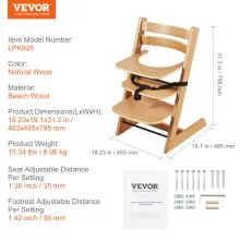Trona de madera VEVOR para bebés y niños pequeños, silla de alimentación ajustable y convertible, trona Eat & Grow con bandeja, asiento elevador portátil para comer para bebés Grow with Kid, silla de madera de haya para niños pequeños, color natural