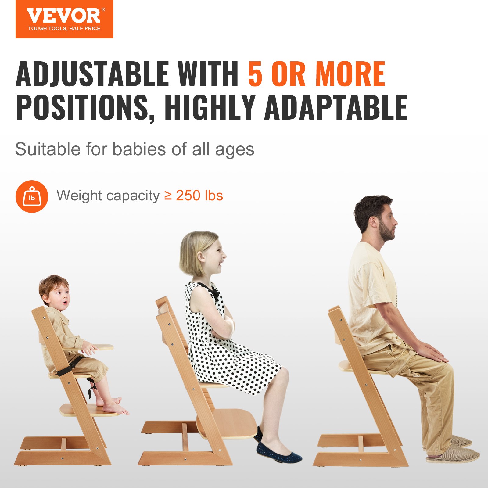 VEVOR Wooden High Chair for Babies & Toddlers, Convertible Adjustable Feeding Chair, Eat & Grow High Chair with Tray, Grow with Kid Portable Baby Dining Booster Seat, Beech Wood Toddler Chair, Natural