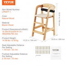 VEVOR Baby High Chair Convertible Adjustable Wooden Toddler Chair with Cushion