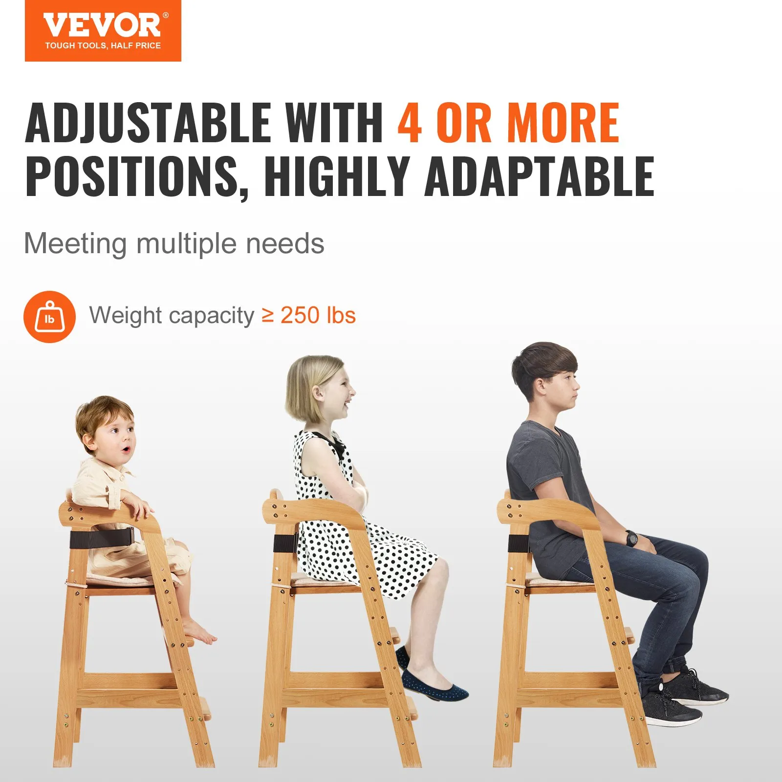 VEVOR wooden high chair, adjustable with 4+ positions, weight capacity ≥ 250 lbs, versatile usage.