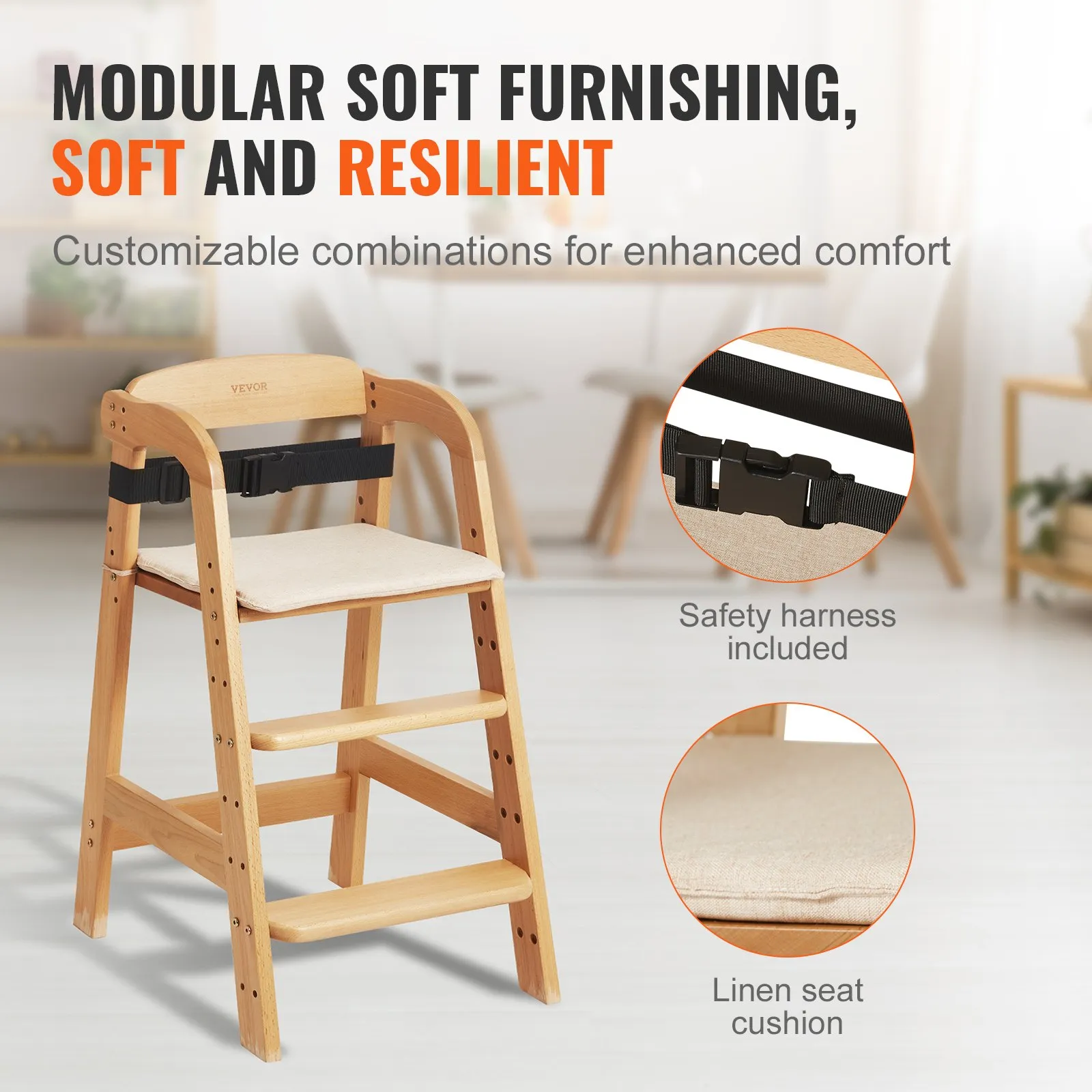 VEVOR wooden high chair with safety harness and linen seat cushion in a modern, bright dining room.