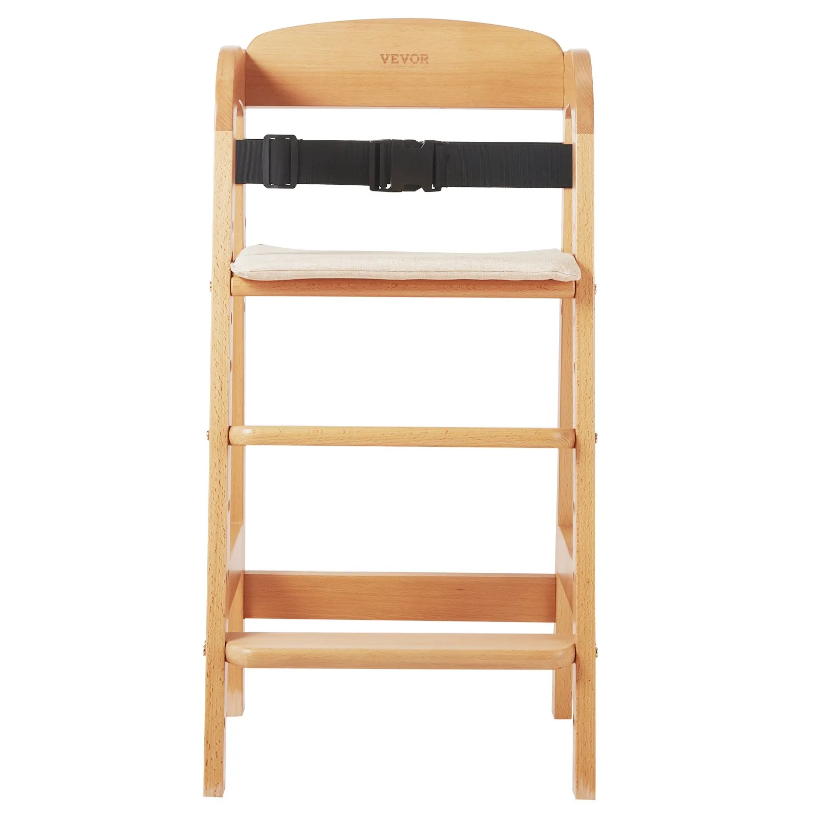 VEVOR wooden high chair with safety belt and cushioned seat in a natural wood finish.