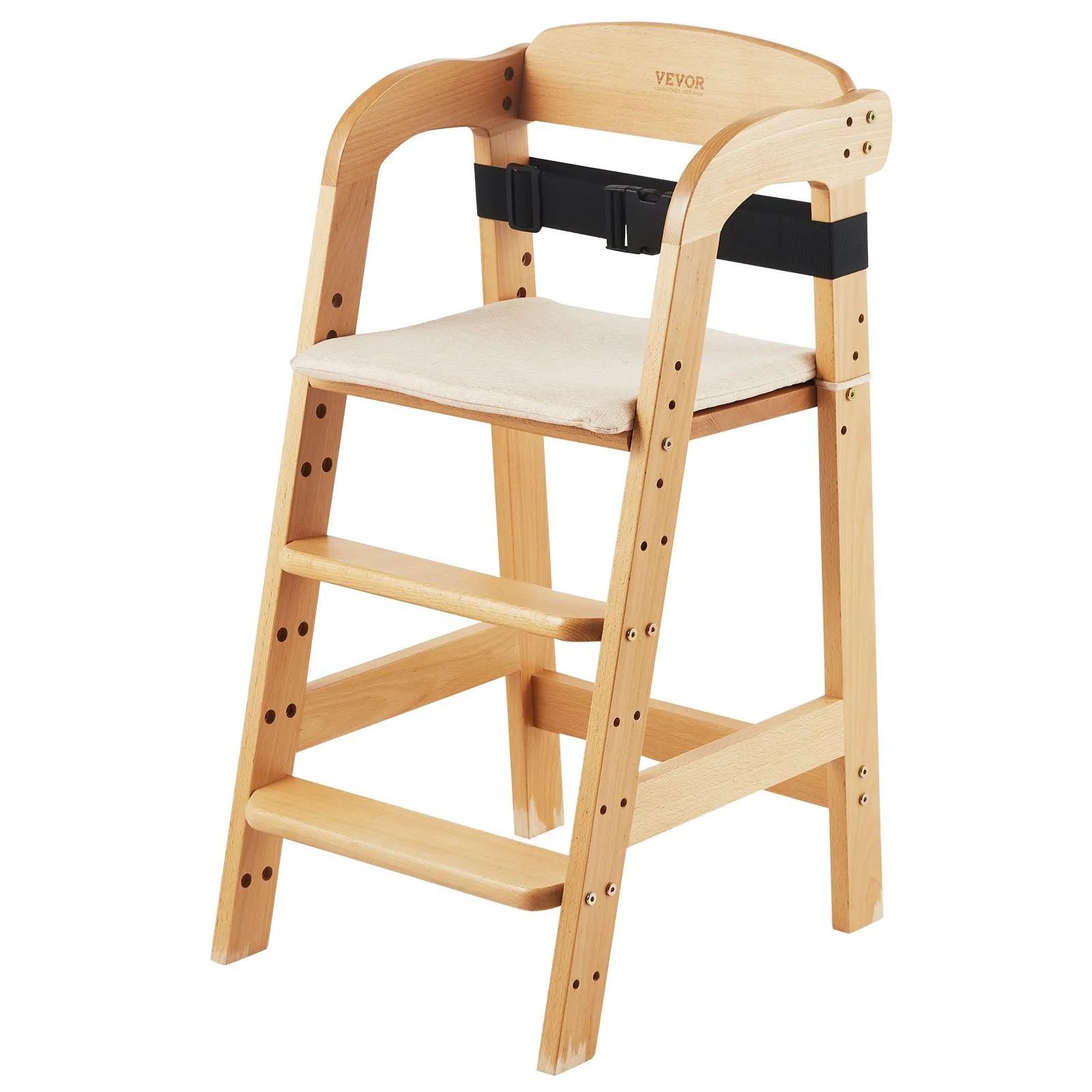 VEVOR wooden high chair with adjustable seat, safety harness, and natural wood finish. perfect for toddlers.