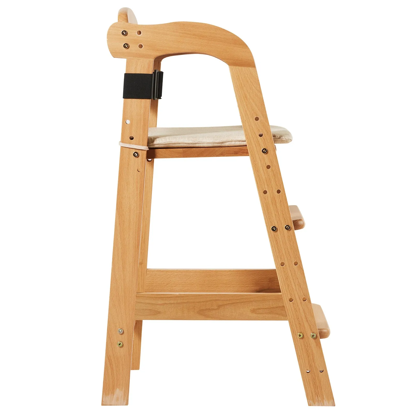 VEVOR wooden high chair with beige cushion, side view showing adjustable height and natural wood finish.
