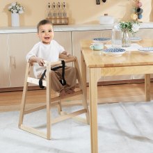 VEVOR høystol i tre for babyer og småbarn, dobbel fôringsstol i massivt tre, bærbar barnestol Eat & Grow, lett å rengjøre barnestol, kompakt småbarnsstol, naturlig