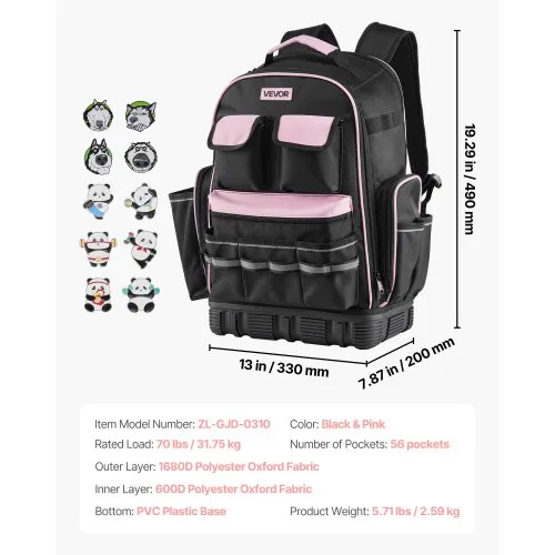 VEVOR Tool Backpack 56 Pockets Tear-resistant Jobsite Backpack for Electrician