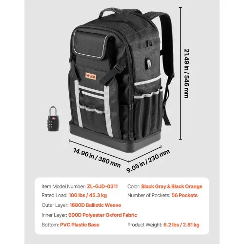 Tool Bag LOKASS Backpack With 2 Canvas - Heavy Duty Tool Backpack For Men, HVAC Tool Backpack Set Tools Organizer Bags For Eelectrician/Construction Large Tool Carrier Combination Lock Tool Bag Backpack