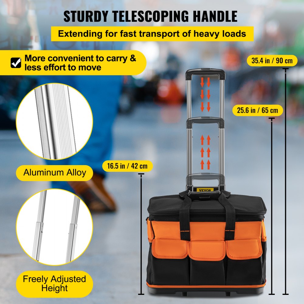 VEVOR Tool Bag with Wheels Rolling Tote 18in Wheeled Storage Case & 17 Pockets