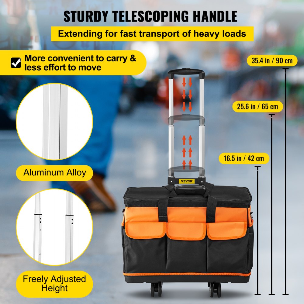 VEVOR tool bag with sturdy telescoping handle, multiple pockets, and aluminum alloy frame.