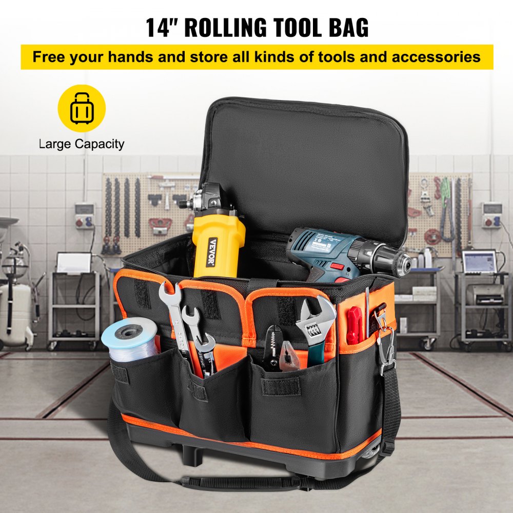 VEVOR Rolling Tool Bag, 14in Tool Bag with Wheels, 17 Pockets Roller Tool Bag, 110lb Load Capacity Rolling Tool Bag w/Wheels, Roller Tool Box w/Two 2.56in Wheels, Rolling Tote w/Telescoping Handle