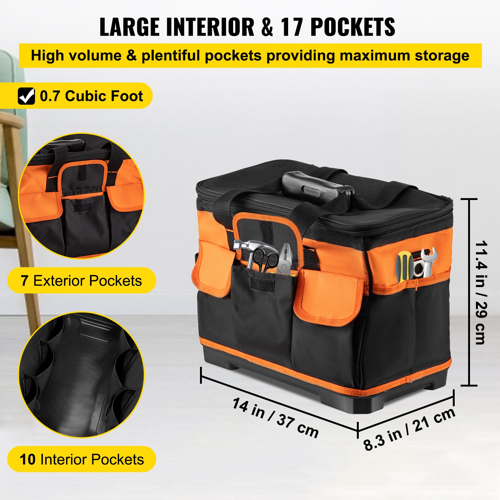 VEVOR Rolling Tool Bag, 14in Tool Bag with Wheels, 17 Pockets Roller Tool Bag, 110lb Load Capacity Rolling Tool Bag w/Wheels, Roller Tool Box w/Two 2.56in Wheels, Rolling Tote w/Telescoping Handle
