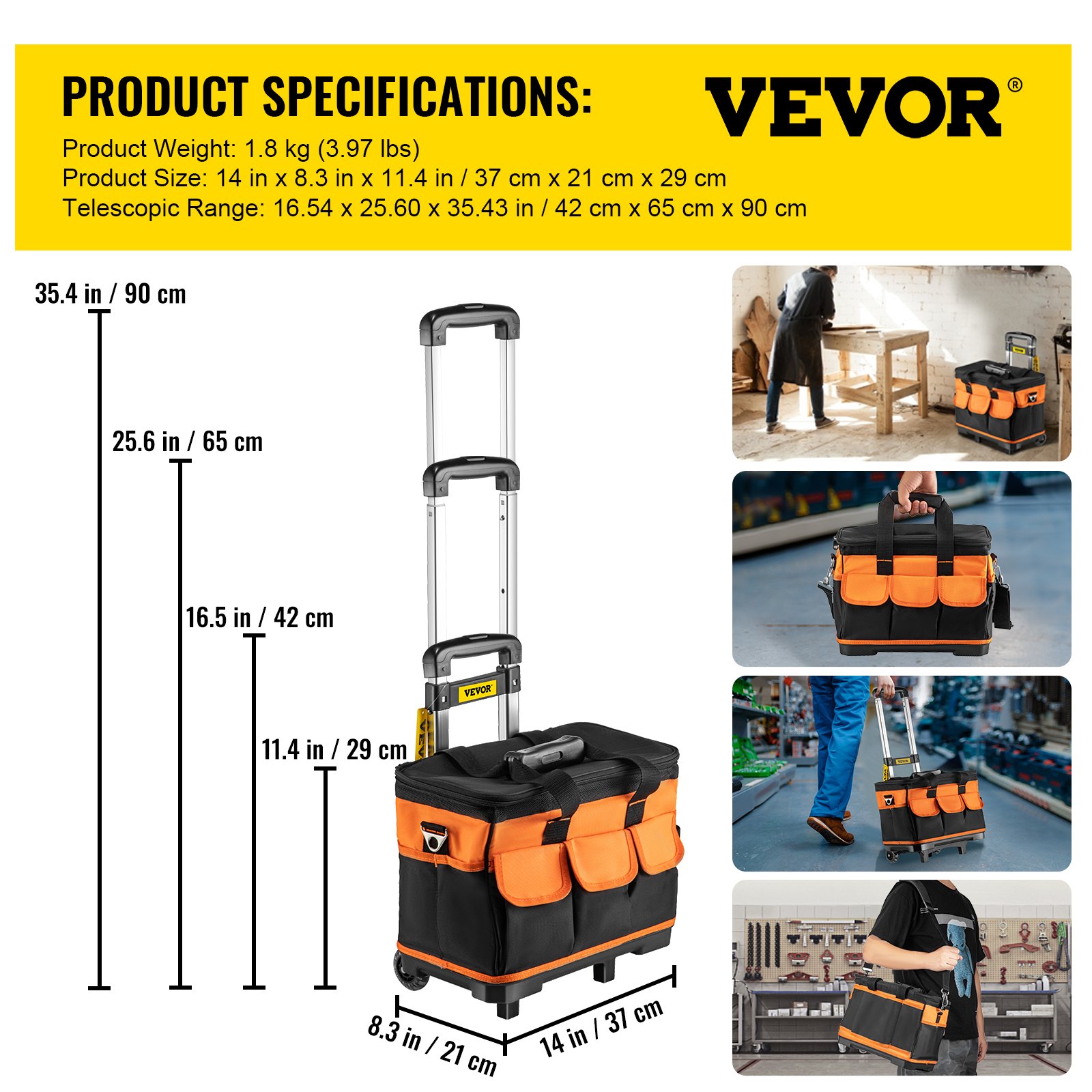 VEVOR Rolling Tool Bag, 14in Tool Bag with Wheels, 17 Pockets Roller Tool Bag, 110lb Load Capacity Rolling Tool Bag w/Wheels, Roller Tool Box w/Two 2.56in Wheels, Rolling Tote w/Telescoping Handle