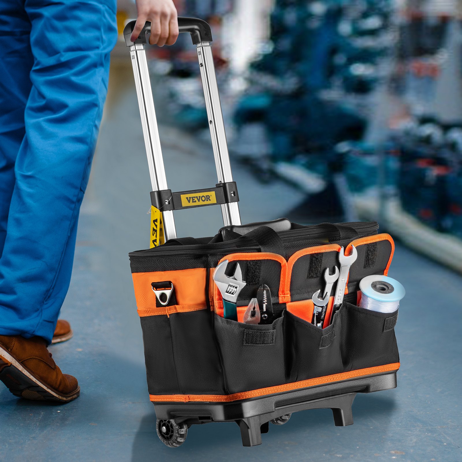 VEVOR Rolling Tool Bag, 14in Tool Bag with Wheels, 17 Pockets Roller Tool Bag, 110lb Load Capacity Rolling Tool Bag w/Wheels, Roller Tool Box w/Two 2.56in Wheels, Rolling Tote w/Telescoping Handle