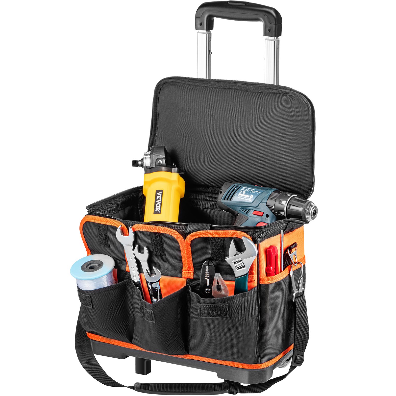 VEVOR Rolling Tool Bag, 14in Tool Bag with Wheels, 17 Pockets Roller Tool Bag, 110lb Load Capacity Rolling Tool Bag w/Wheels, Roller Tool Box w/Two 2.56in Wheels, Rolling Tote w/Telescoping Handle