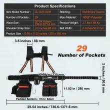 VEVOR Tool Belt with Suspenders 1680D Polyester, 29 Pockets, 29-54 inches Adjustable Waist Size, Tool Belts for Men, Heavy Duty Carpenter Tool Pouch for Carpenters, Electricians, and Gardening, Black