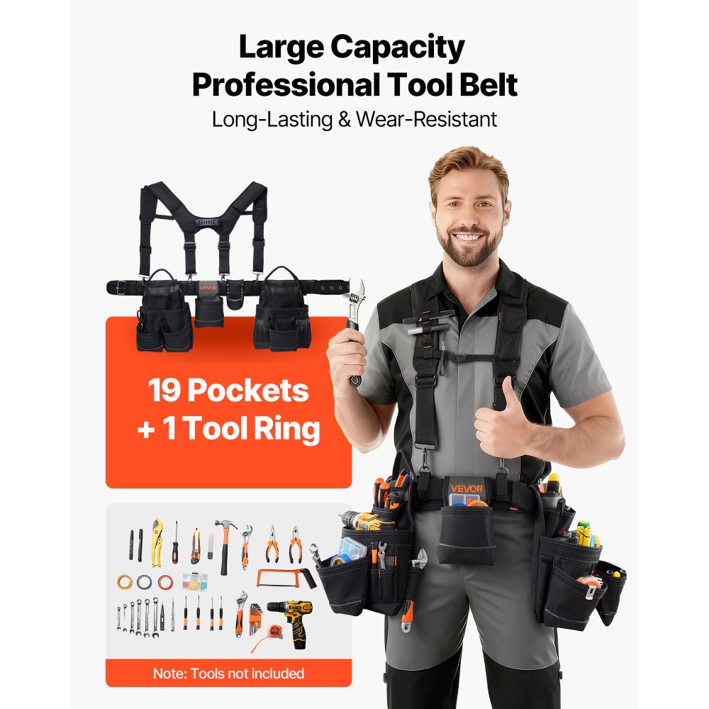 VEVOR Tool Belt, 19 Pockets Tool Pouch with Suspenders for Men, Heavy Duty Adjustable Utility Belt Work Bag Detachable Suspension Rig for Electrician, Carpenter, Construction, Adjust Waist 80-131 cm