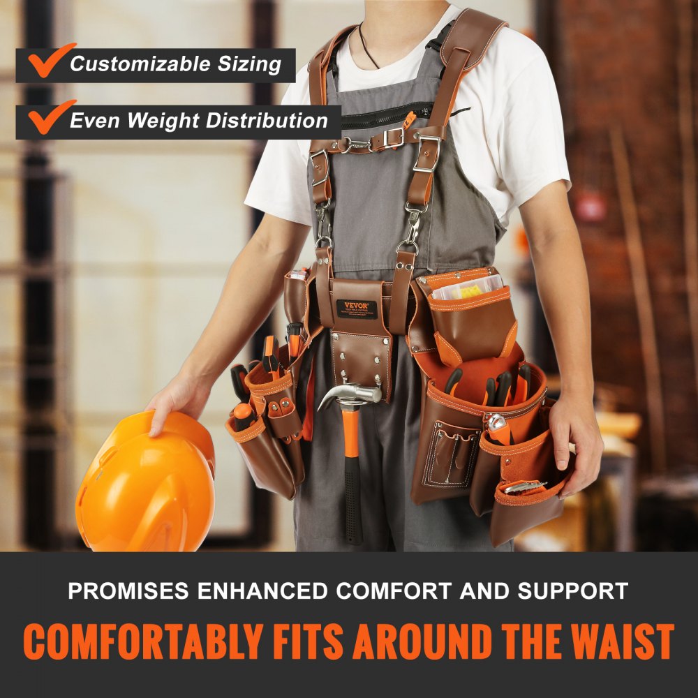 VEVOR Tool Belt with Suspenders, 19 Pockets, 29-54 inches Adjustable Waist Size, Tool Belts for Men, Genuine Leather Heavy Duty Carpenter Tool Pouch for Carpenters, Electricians, and Gardening, Brown