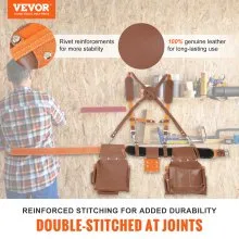 VEVOR Tool Belt with Suspenders, 19 Pockets, 29-54 inches Adjustable Waist Size, Tool Belts for Men, Genuine Leather Heavy Duty Carpenter Tool Pouch for Carpenters, Electricians, and Gardening, Brown