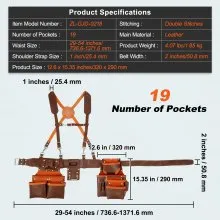 VEVOR Tool Belt with Suspenders, 19 Pockets, 29-54 inches Adjustable Waist Size, Tool Belts for Men, Genuine Leather Heavy Duty Carpenter Tool Pouch for Carpenters, Electricians, and Gardening, Brown