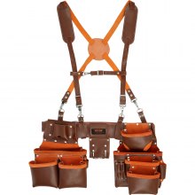 VEVOR Tool Belt with Suspenders, 19 Pockets, 29-54 inches Adjustable Waist Size, Tool Belts for Men, Genuine Leather Heavy Duty Carpenter Tool Pouch for Carpenters, Electricians, and Gardening, Brown