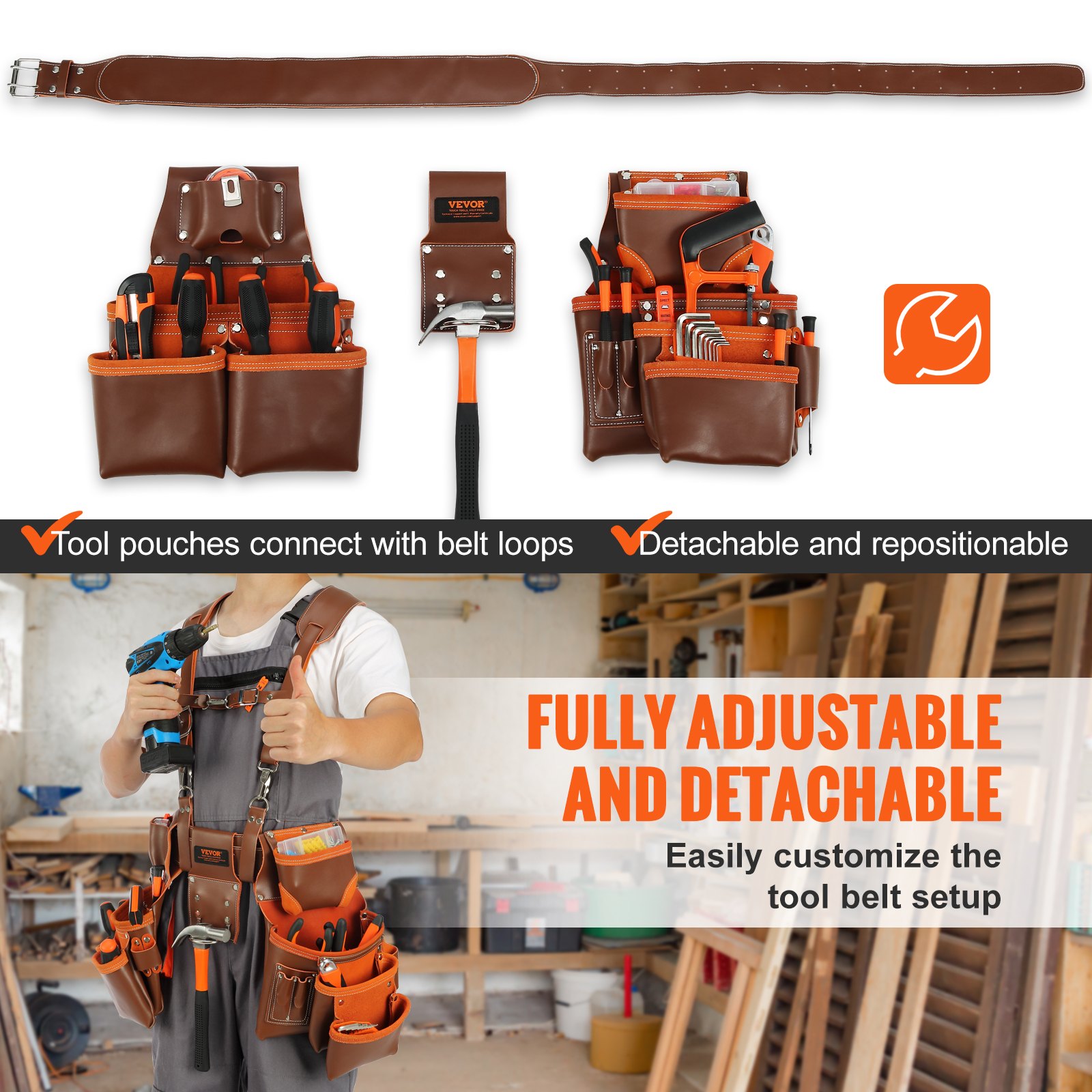 VEVOR Tool Belt with Suspenders, 19 Pockets, 29-54 inches Adjustable Waist Size, Tool Belts for Men, Genuine Leather Heavy Duty Carpenter Tool Pouch for Carpenters, Electricians, and Gardening, Brown