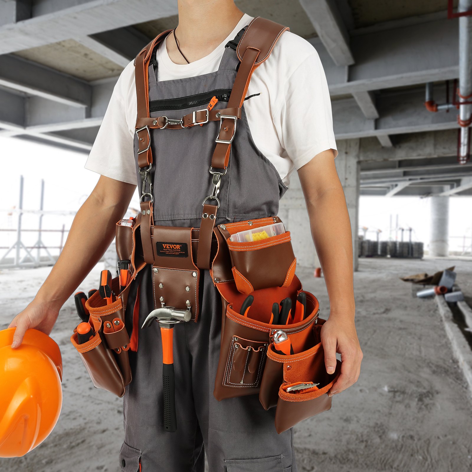 VEVOR Tool Belt with Suspenders, 19 Pockets, 29-54 inches Adjustable Waist Size, Tool Belts for Men, Genuine Leather Heavy Duty Carpenter Tool Pouch for Carpenters, Electricians, and Gardening, Brown
