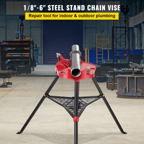 VEVOR 460-6 Tripod Pipe Chain Vise 1/8\"-6\" Capacity,Pipe Stand Portable Foldable Steel Legs,Pipe Jack Stands w/ Tool Tray, Tripod Stand Chain Vise Ideal for a Variety of Pipe Materials