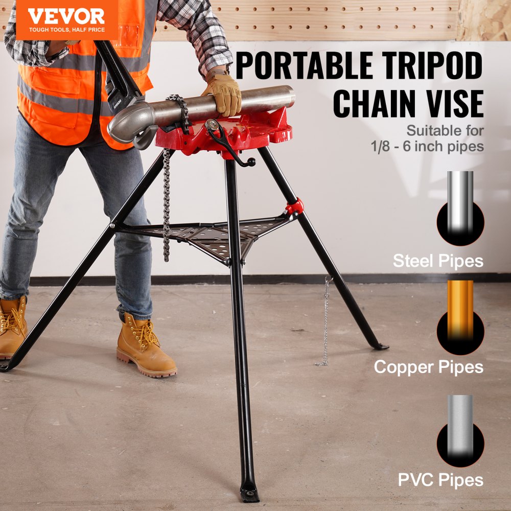 VEVOR 460-6 Tripod Pipe Chain Vise 1/8"-6" Capacity, Pipe Stand Portable Foldable Steel Legs, Pipe Stands with Tool Tray, Tripod Stand Chain Vise Ideal for a Variety of Pipe Materials