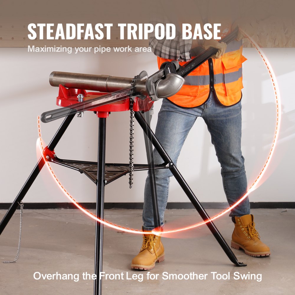 VEVOR 460-6 Tripod Pipe Chain Vise 1/8"-6" Capacity, Pipe Stand Portable Foldable Steel Legs, Pipe Stands with Tool Tray, Tripod Stand Chain Vise Ideal for a Variety of Pipe Materials