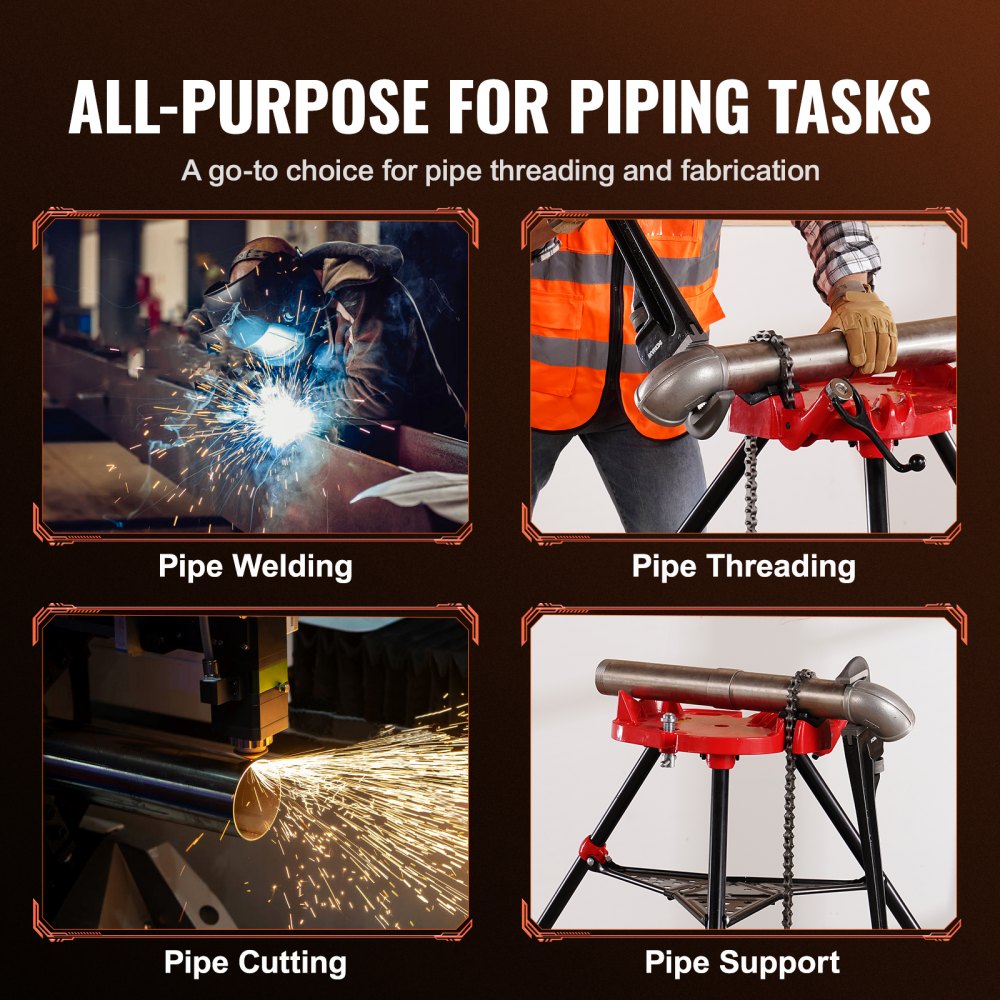 VEVOR 460-6 Tripod Pipe Chain Vise 1/8"-6" Capacity, Pipe Stand Portable Foldable Steel Legs, Pipe Stands with Tool Tray, Tripod Stand Chain Vise Ideal for a Variety of Pipe Materials