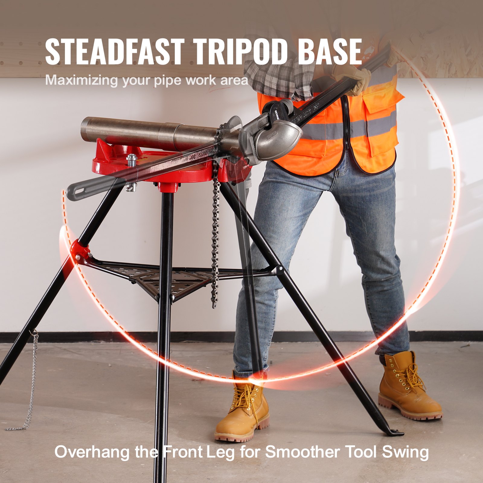 VEVOR 460-6 Tripod Pipe Chain Vise 1/8"-6" Capacity, Pipe Stand Portable Foldable Steel Legs, Pipe Stands with Tool Tray, Tripod Stand Chain Vise Ideal for a Variety of Pipe Materials