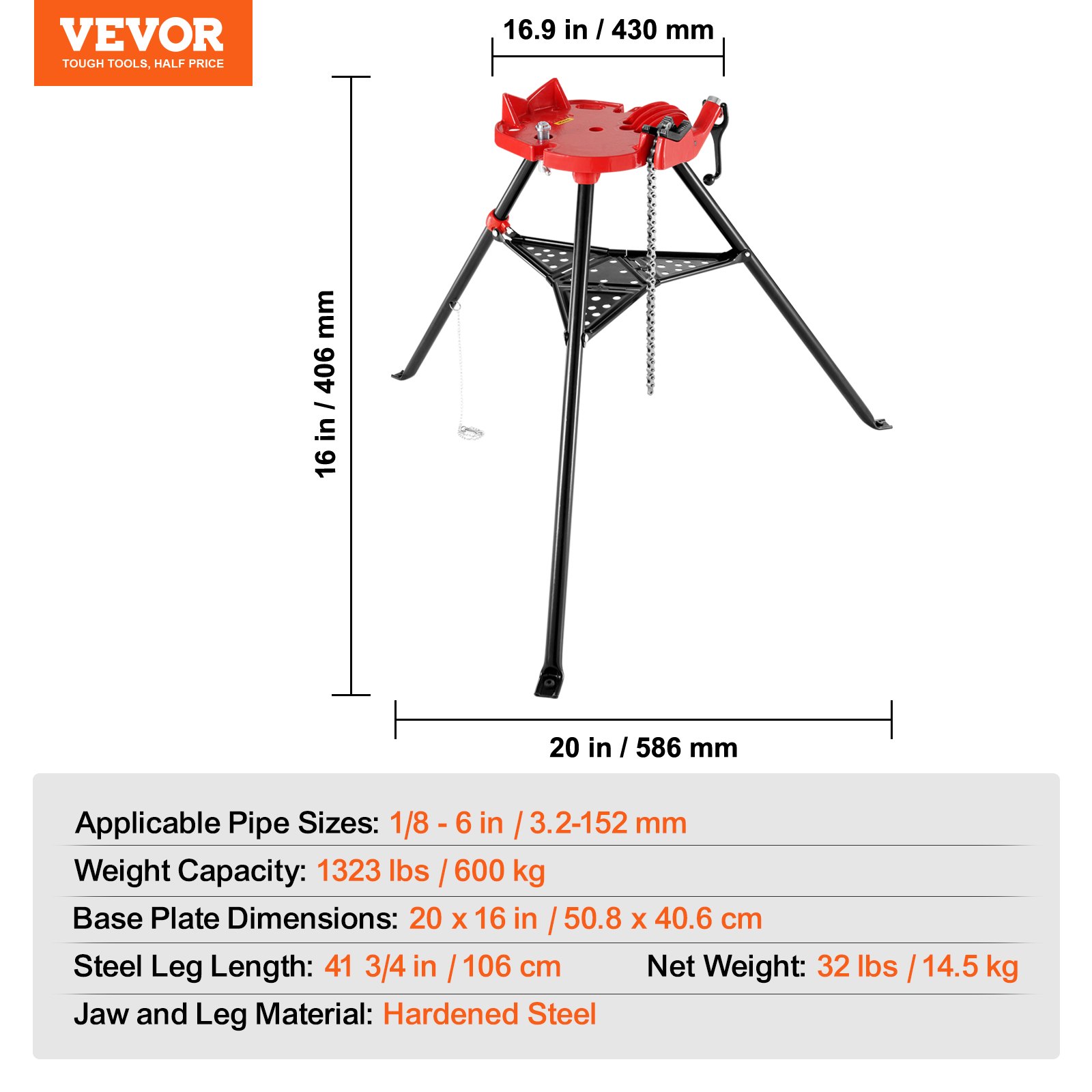 VEVOR 460-6 Tripod Pipe Chain Vise 1/8"-6" Capacity, Pipe Stand Portable Foldable Steel Legs, Pipe Stands with Tool Tray, Tripod Stand Chain Vise Ideal for a Variety of Pipe Materials